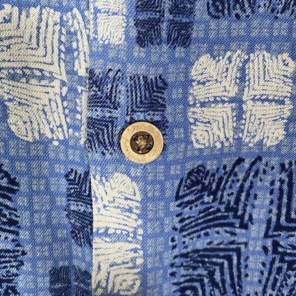 Nat Nast Shirt Men M Blue Geo Tribal Tiki Hawaiian Camp Button Up Silk Cotton - Picture 5 of 11